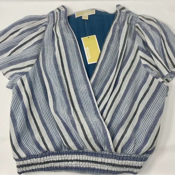 Michael Kors Women’s Short Sleeve Faux Wrap Dress Dark Chambray Blue Stripes Lg - Picture 4 of 11